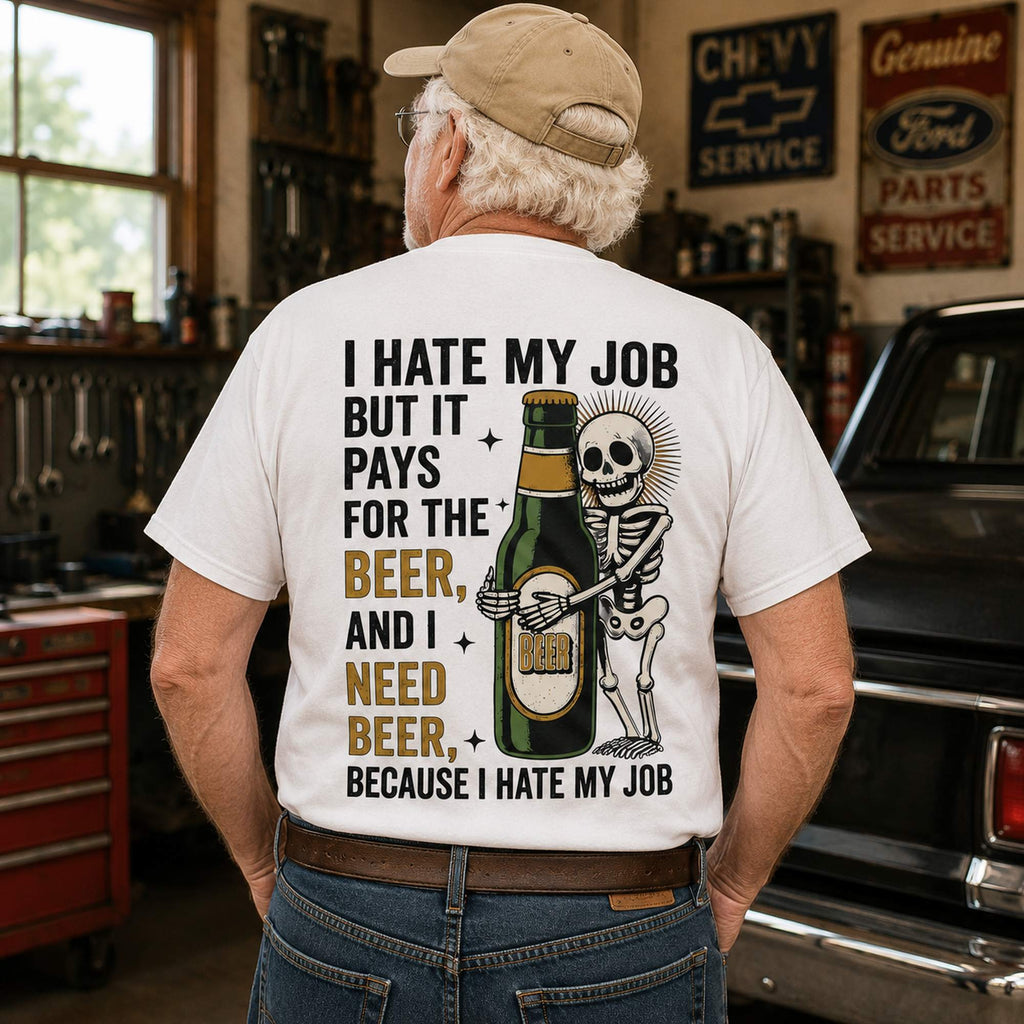 I Hate My Job beer skeleton funny graphic tee white oversized back print garage male model