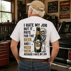 I Hate My Job beer skeleton funny graphic tee white oversized back print garage male model