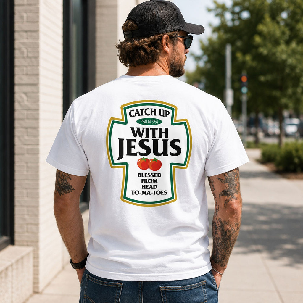 Catch Up With Jesus Psalm 37:4 Christian graphic tee white back print outdoor rear-view model