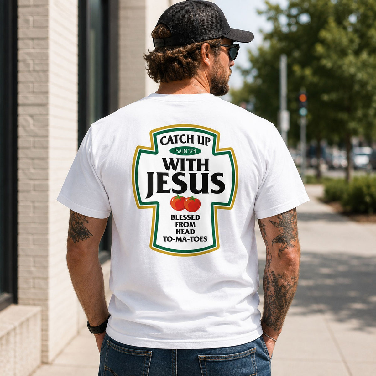 Catch Up With Jesus Psalm 37:4 Christian graphic tee white back print outdoor rear-view model