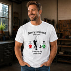Funny fishing missed-call graphic tee white front on male model in unbranded workshop