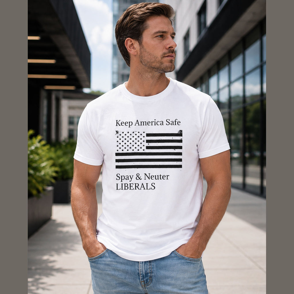 Keep America Safe political satire graphic tee white front on male model in urban setting