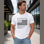 Keep America Safe political satire graphic tee white front on male model in urban setting
