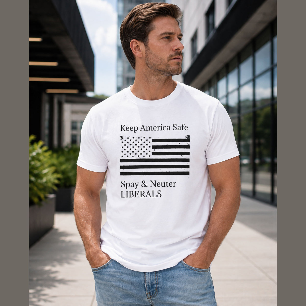 Keep America Safe political satire graphic tee white front on male model in urban setting