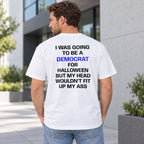 Democrat for Halloween blue-letter graphic tee in white, rear view on a male model