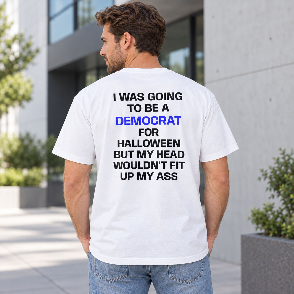 Democrat for Halloween blue-letter graphic tee in white, rear view on a male model