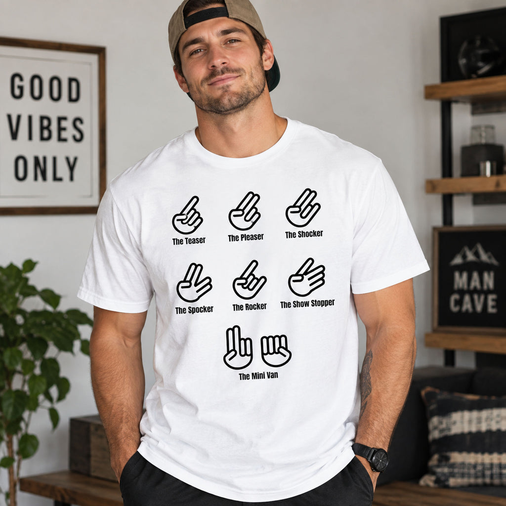 The Shocker hand gestures funny graphic tee white front print lifestyle model