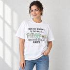 From the Windows No Falls nurse humor white graphic tee front view on female model