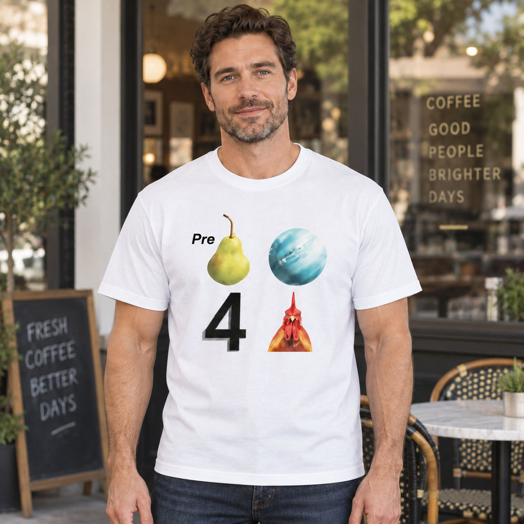 Pear Planet Rooster funny rebus graphic tee white front print on an adult male model outside a cafe
