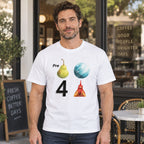 Pear Planet Rooster funny rebus graphic tee white front print on an adult male model outside a cafe