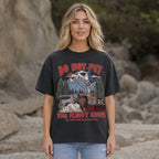 Yellowstone bison safety warning washed black graphic tee front female outdoor model