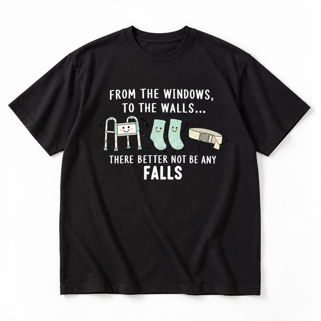 From the Windows No Falls black graphic tee front flat lay with walker socks and gait belt