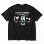 From the Windows No Falls black graphic tee front flat lay with walker socks and gait belt