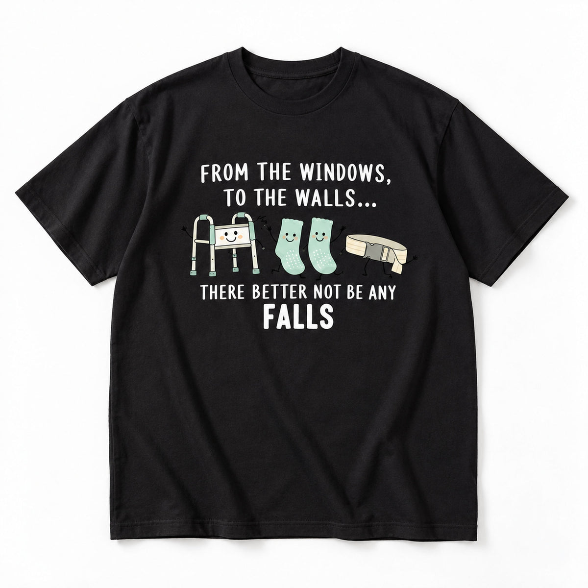 From the Windows No Falls black graphic tee front flat lay with walker socks and gait belt