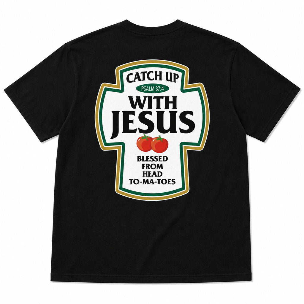 Catch Up With Jesus Psalm 37:4 Christian graphic tee black back print flat-lay product view
