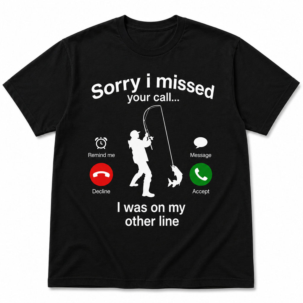 Funny fishing missed-call graphic tee black front flat lay