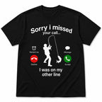 Funny fishing missed-call graphic tee black front flat lay