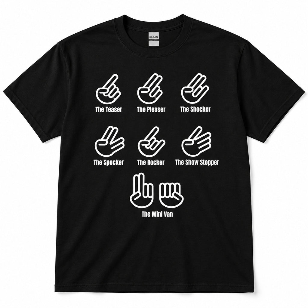 The Shocker hand gestures funny graphic tee black front flatlay with white print