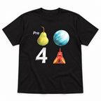 Pear Planet Rooster funny rebus graphic tee black front flatlay with colorful icons and a silver number 4