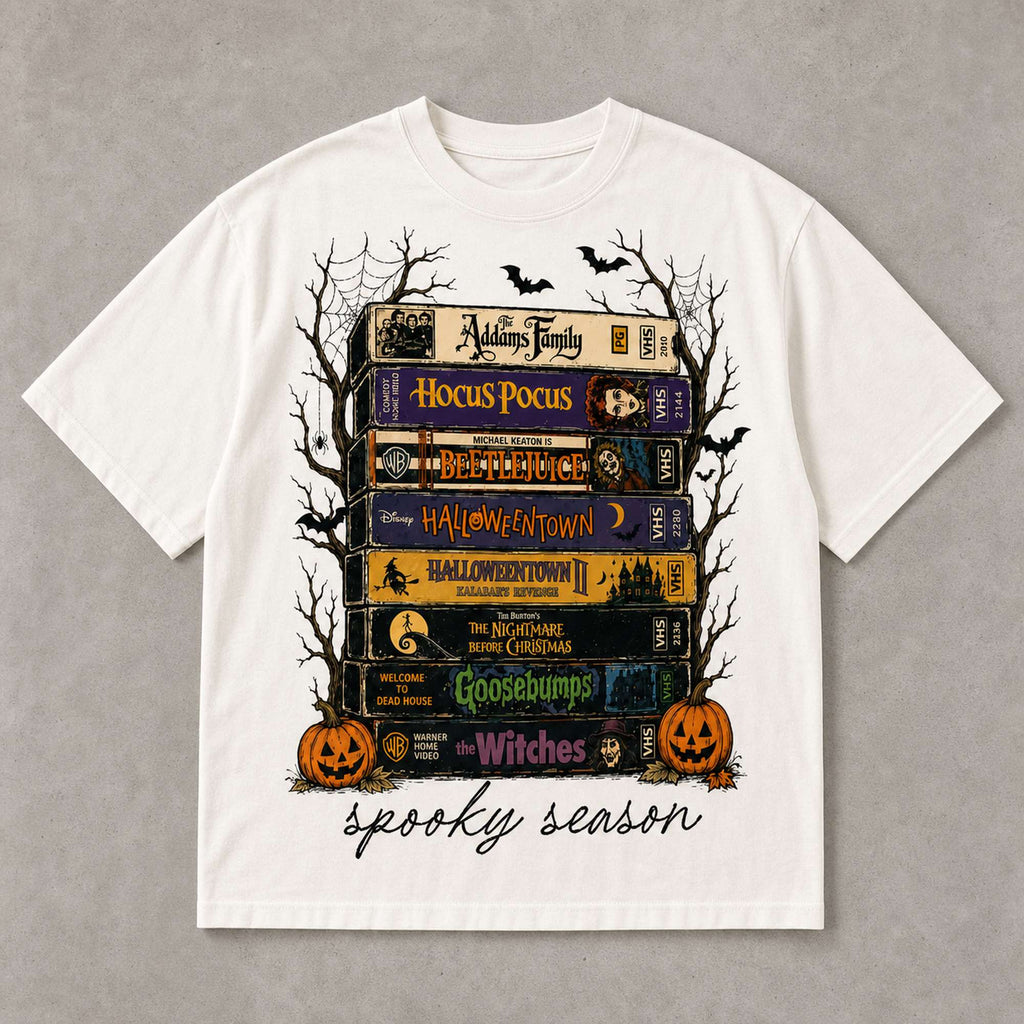 Spooky Season retro horror VHS stack graphic tee ivory front print flat lay