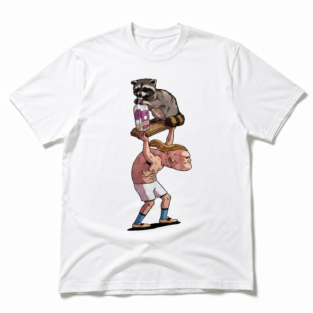 Raccoon Milk Lift political parody graphic tee white front print flat lay