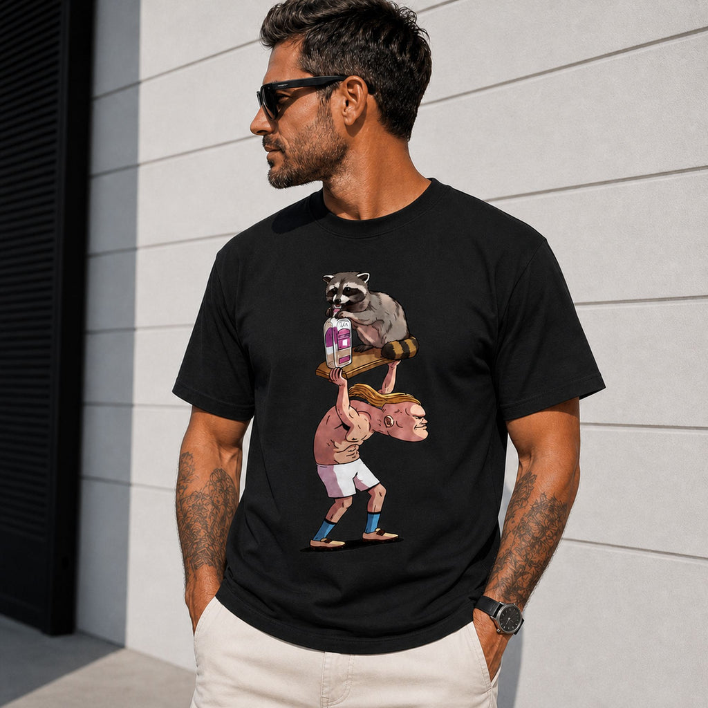 Raccoon Milk Lift political parody graphic tee black front print outdoor male model