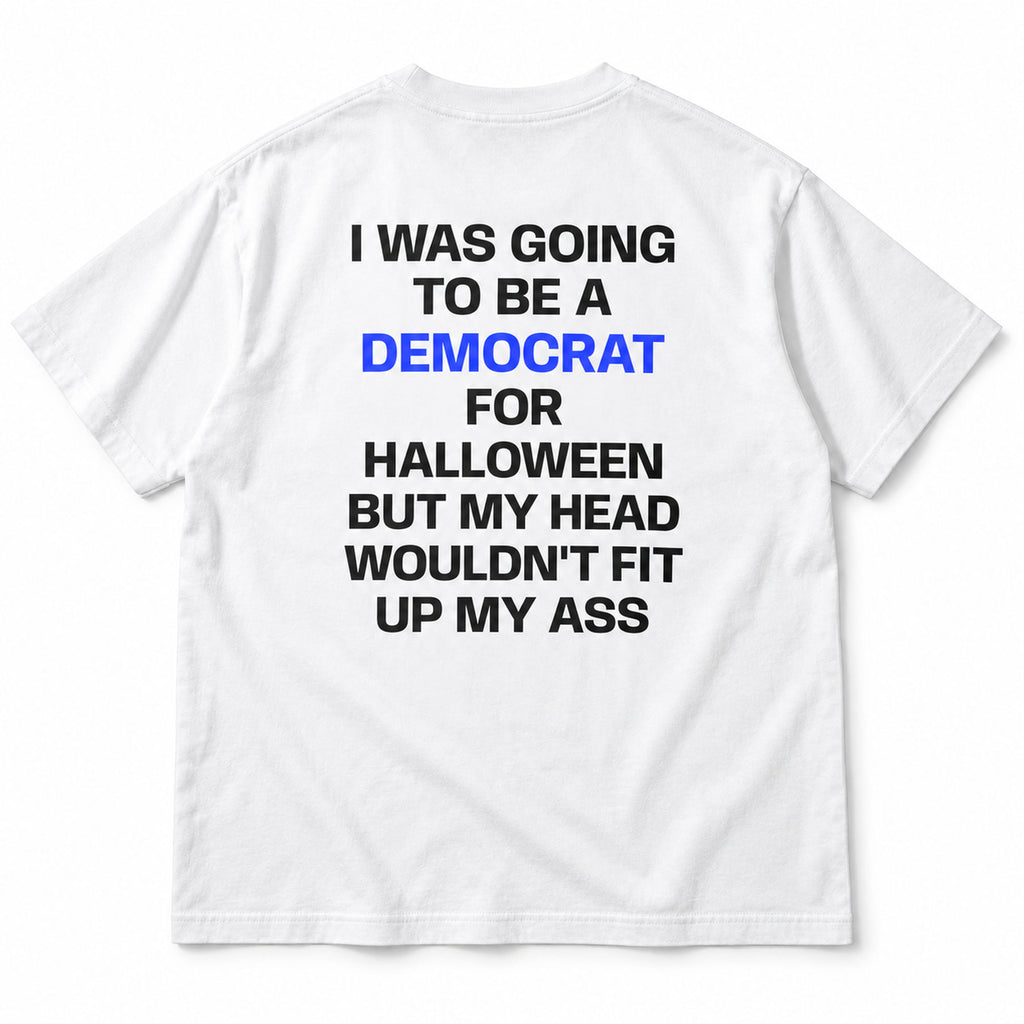 White Democrat for Halloween graphic T-shirt, blue and black back lettering in flat-lay