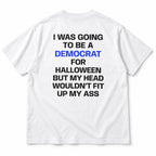 White Democrat for Halloween graphic T-shirt, blue and black back lettering in flat-lay