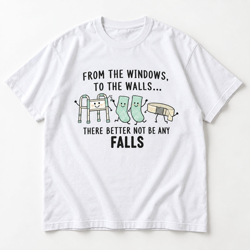 From the Windows No Falls white graphic tee front flat lay with pastel care-team illustration