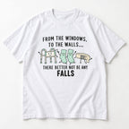 From the Windows No Falls white graphic tee front flat lay with pastel care-team illustration