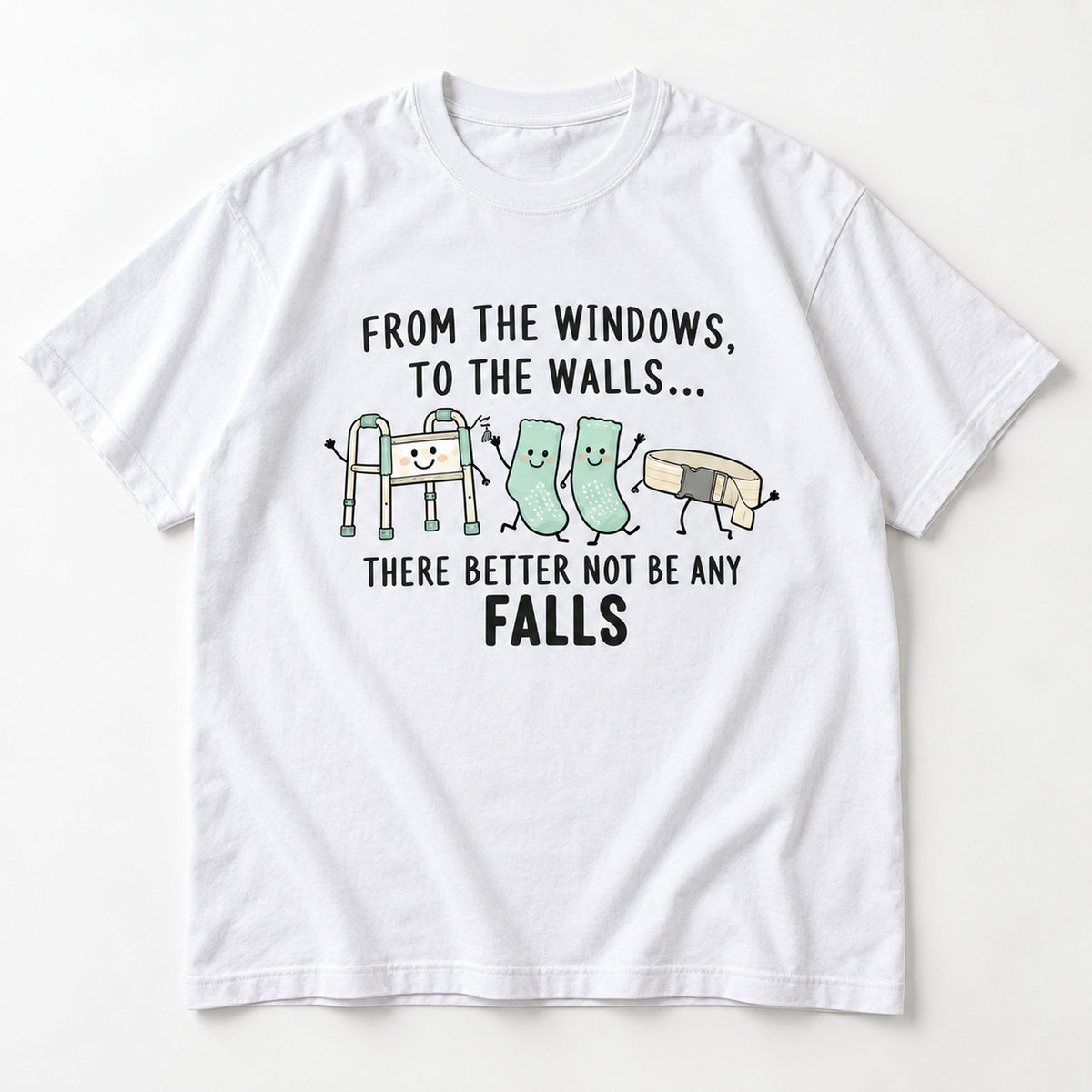 From the Windows No Falls white graphic tee front flat lay with pastel care-team illustration