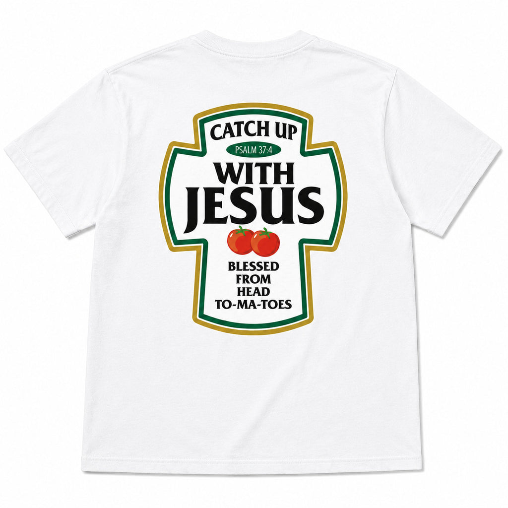 Catch Up With Jesus Psalm 37:4 Christian graphic tee white back print flat-lay product view