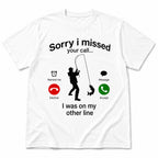 Funny fishing missed-call graphic tee white front flat lay