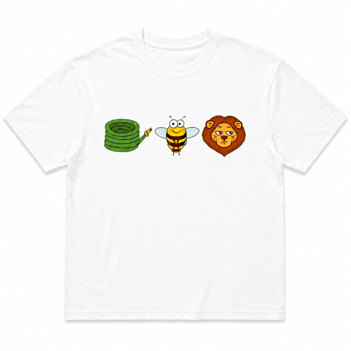 White Hose Bee Lion rebus graphic tee front flat lay on clean white background