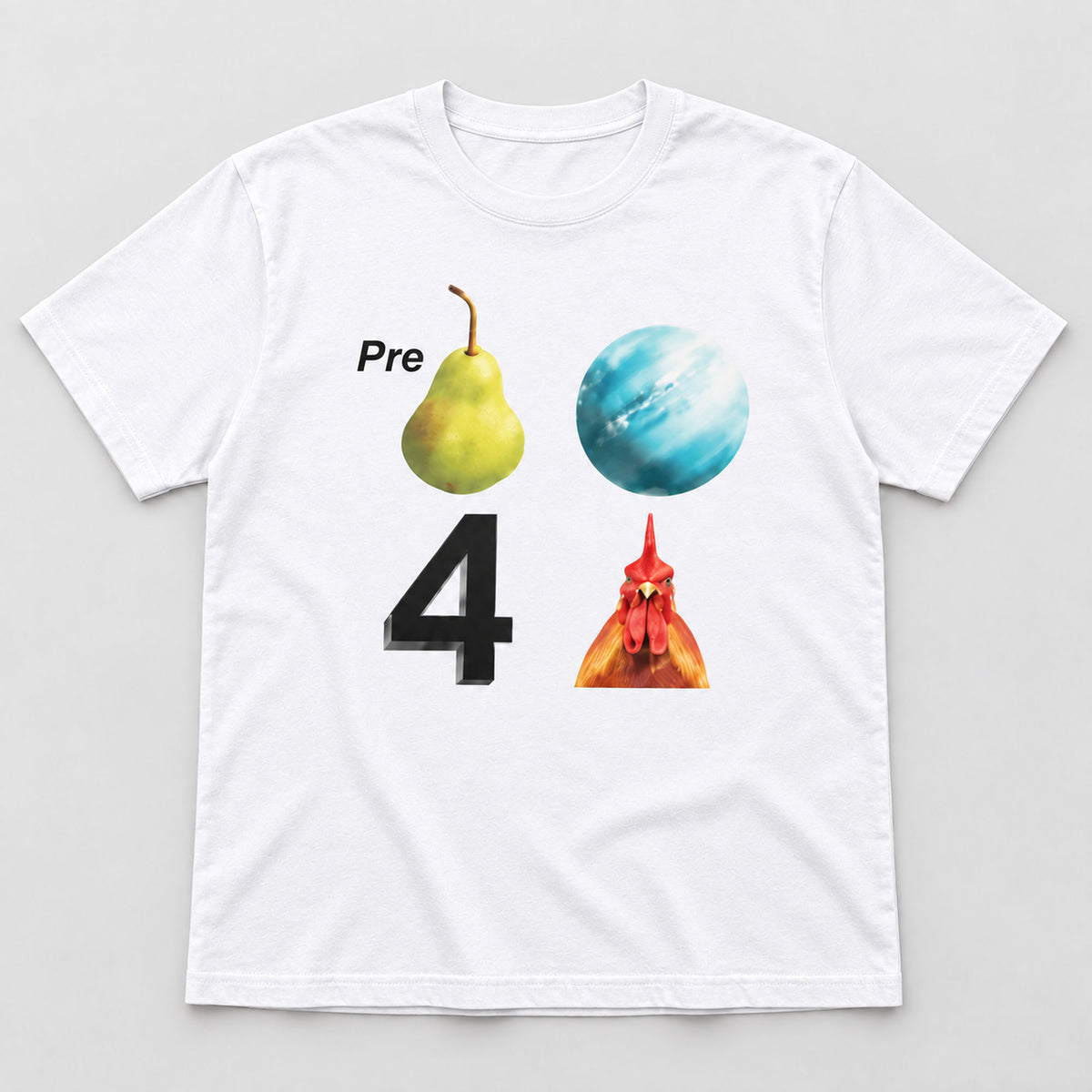 Pear Planet Rooster funny rebus graphic tee white front flatlay with colorful icons and a dark number 4