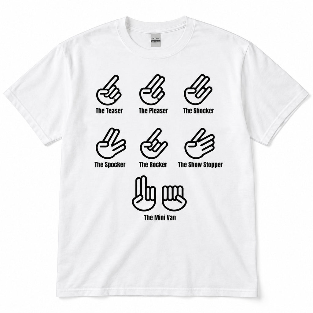 The Shocker hand gestures funny graphic tee white front flatlay with black print