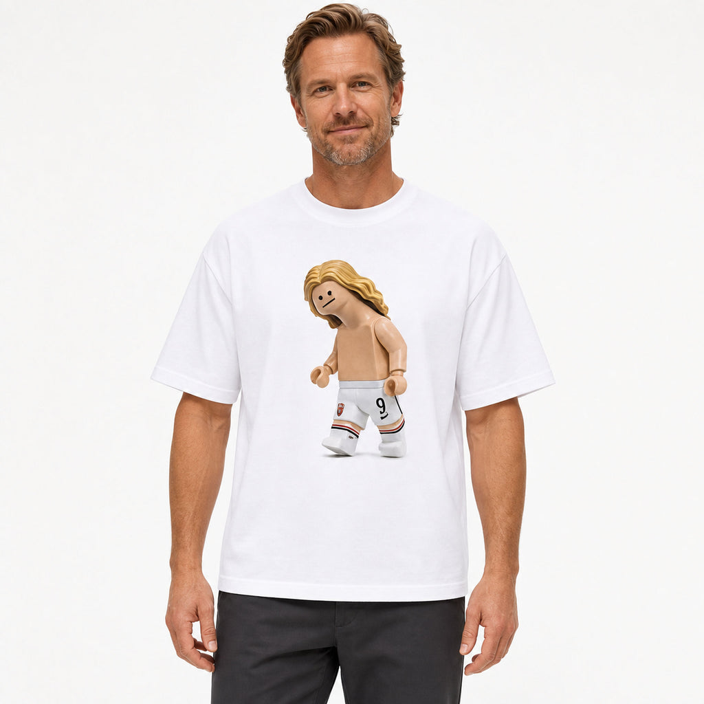 Blond number nine toy striker graphic on white T-shirt worn by a 40-year-old male lifestyle model
