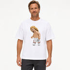 Blond number nine toy striker graphic on white T-shirt worn by a 40-year-old male lifestyle model