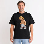 Blond number nine toy striker graphic on black T-shirt worn by a 40-year-old male lifestyle model