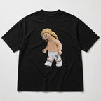 Blond number nine toy striker football graphic centered on black T-shirt flat lay