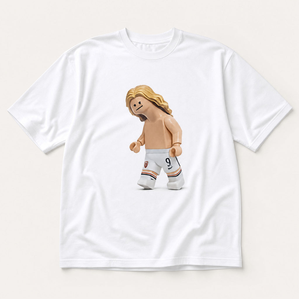Blond number nine toy striker football graphic centered on white T-shirt flat lay